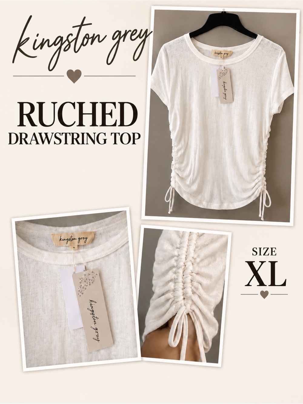 Kingston Ruched Drawstring Short Sleeve Top in Cream
